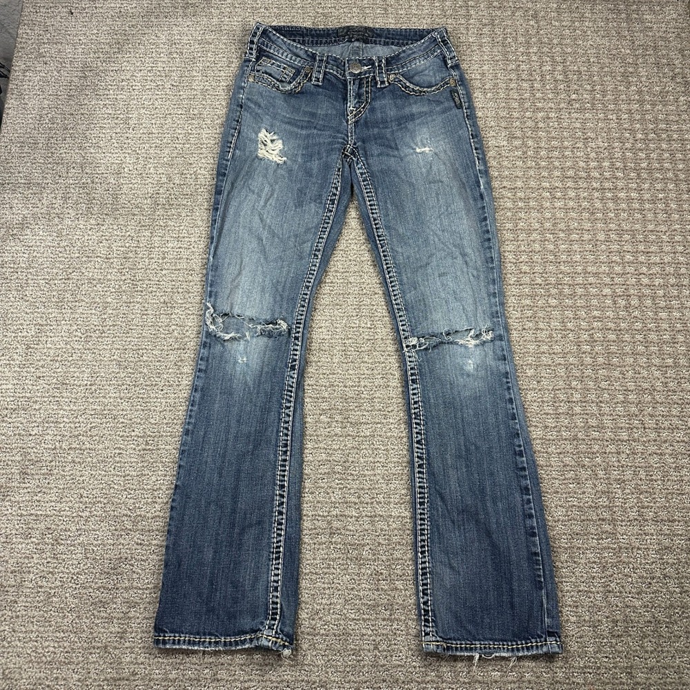 Y2K Silver Jeans Co Aiko Bootcut Distressed Thick Stitch Denim W27 L33 Medium
